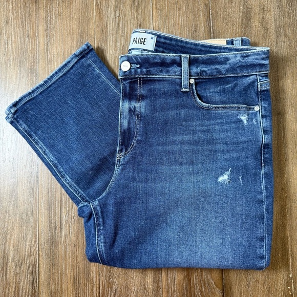 PAIGE Bridget Jeans Mid Rise Blue Torn ripped Knee - Picture 2 of 11